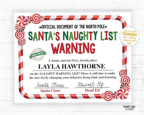 Santa Certificate Printable Naughty List Warning Santas Etsy