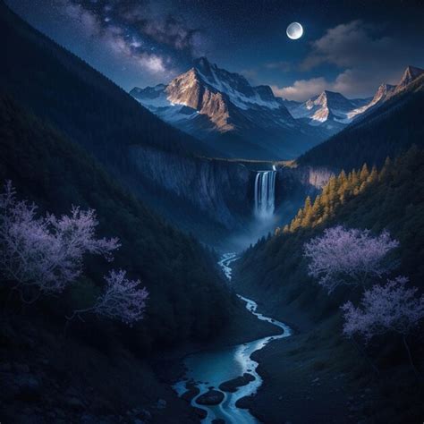 Premium AI Image | Mountain valley with waterfall