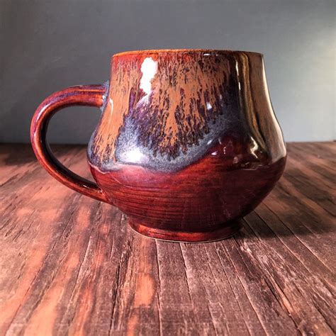 Rustic Handmade Pottery Coffee Mug Golden Brown And Blue Oz By