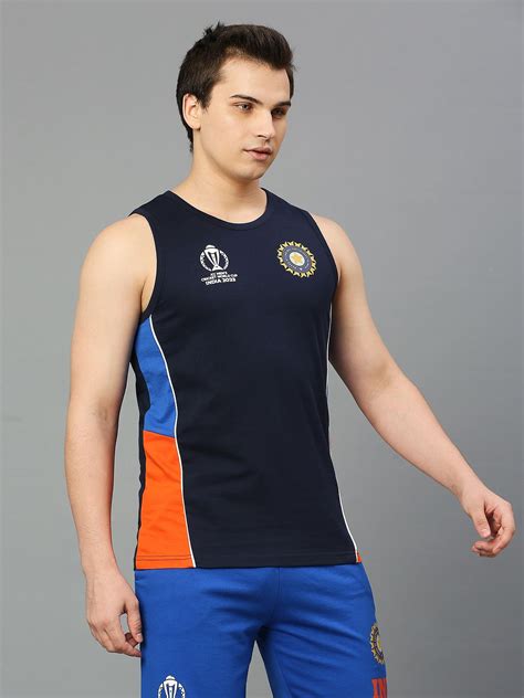 Buy Official ICC CWC 23 Men Navy Blue Colourblocked Sleeveless Round