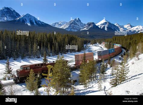 Lake Louise Rocky Mountains Train Tracks Morants Curve Canada Stock