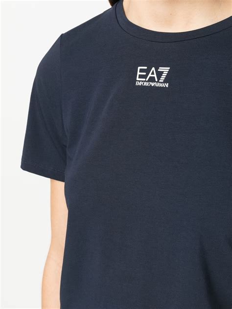 Ea7 Emporio Armani Logo Print Cropped T Shirt Blue Farfetch