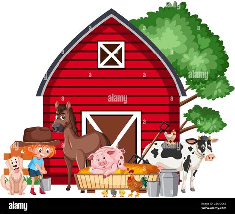 Scene with little girl feeding animals on the farm illustration Stock ...