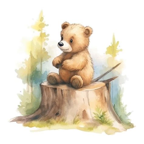 Premium Vector | Cute bear cartoon on stump tree with watercolor ...