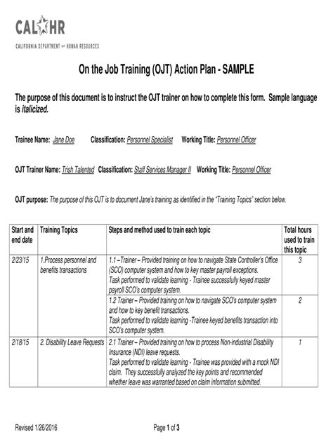 Fillable Online On The Job Training Ojt Action Plan Sample Fax