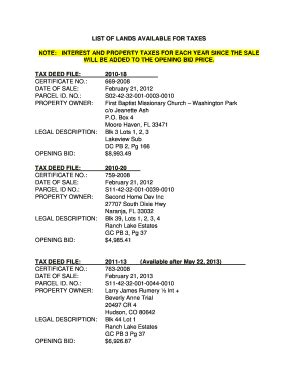 Fillable Online LIST OF LANDS AVAILABLE FOR TAXES NOTE INTEREST AND