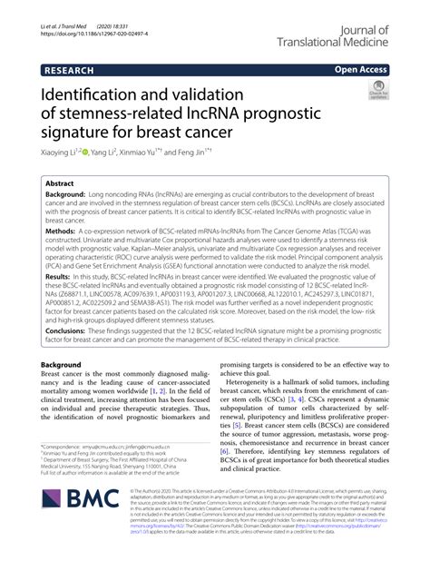 Pdf Identification And Validation Of Stemness Related Lncrna