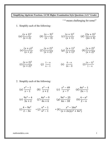 Algebraic Fractions Gcse Higher A A With Answers By Hassan2008 Teaching Resources Tes