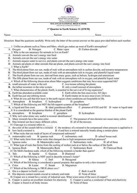 St Quarter Exam In Earth Science St Quarter In Earth Science