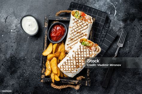 Durum Doner Kebab Or Shawarma With Meat Vegetable Salad And French