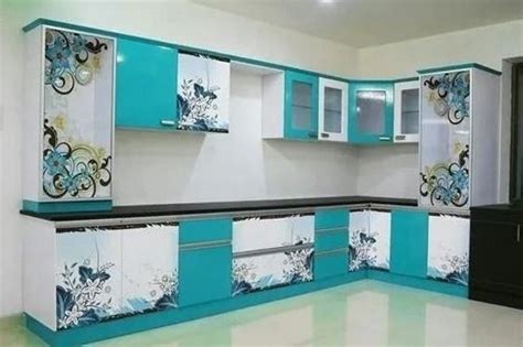 Modern L Shaped Wooden Printed Designer Modular Kitchen With Marble