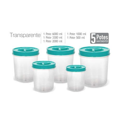 Kit Conjunto 5 Potes De Mantimentos Transparente Tampa De Rosca