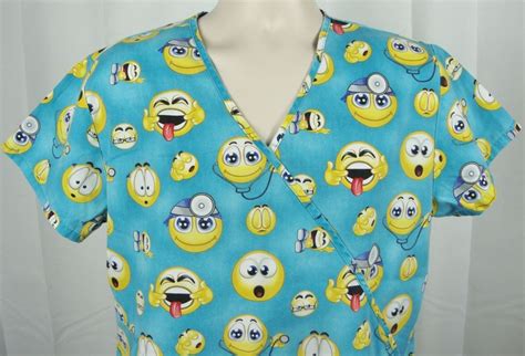 Emoticons Mock Wrap Womens Scrub Top Central Medium M Blue Yellow