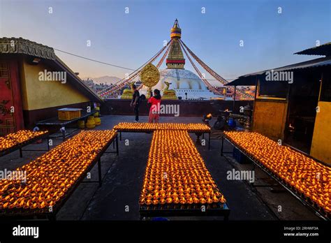 Nepal Kathmandu Valley Buddhist Stupa Of Bodnath Butter Lamps Stock