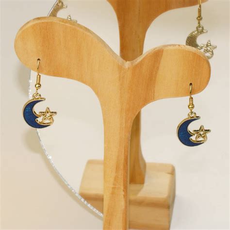 Gold And Blue Crescent Moon And Star Dangle Earrings By Gy Studios