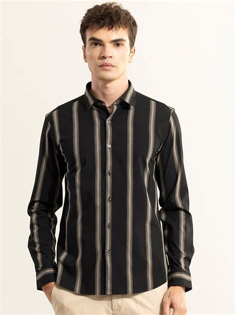 Buy Snitch Black Classic Slim Fit Vertical Stripes Opaque Cotton Casual