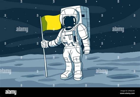 Ilustración Vectorial De Astronauta De Pie En La Luna Con La Bandera Imagen Vector De Stock Alamy