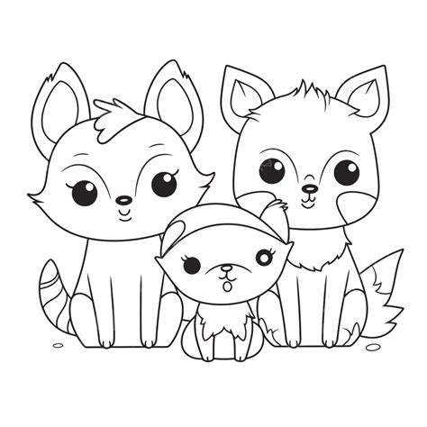 Cute Fox Family Coloring Pages To Color Outline Sketch Drawing Vector ...