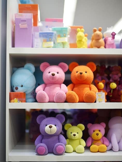 Premium Photo A Shelf With Many Different Colored Teddy Bears On It