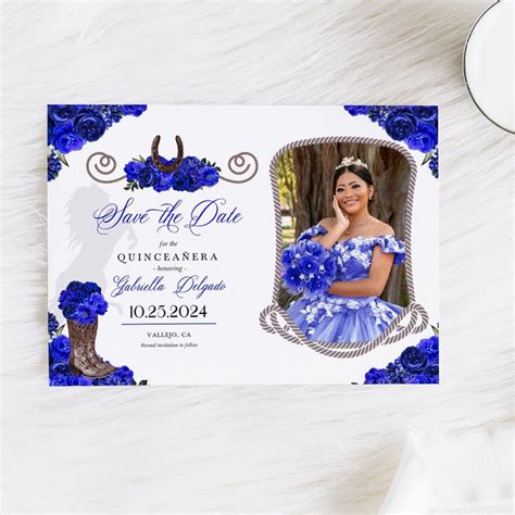 EDITABLE Royal Blue Western Save The Date Quinceanera Birthday Photo