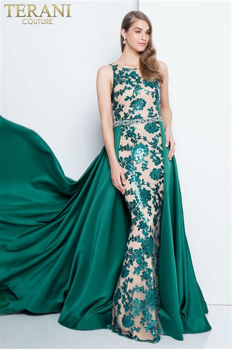 Terani Couture Emerald Green Lace Fitted Dress With Green Cape Red