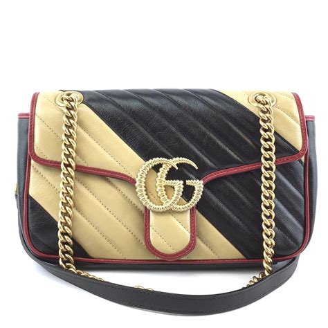 Gucci Marmont Flap Bag GG Diagonal Quilted Small Black Beige Leather