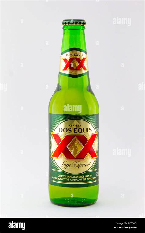 Calgary Alberta, Canada. Feb 15, 2021. A bottle of Dos Equis Lager beer ...