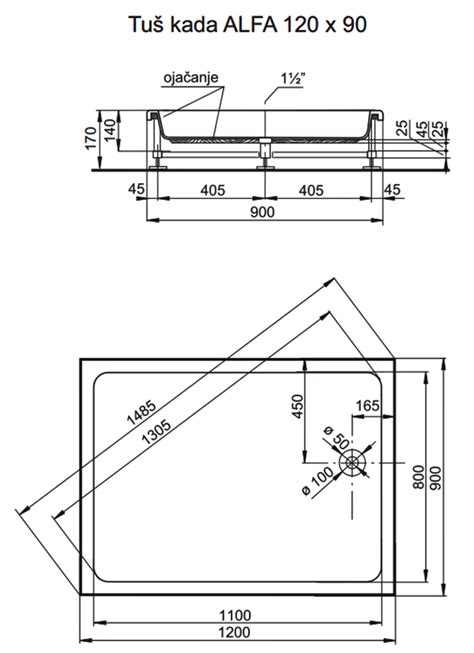 Tuš kada Polyagram Alfa četvrtasta 120x90 fi 52 s oblogom Omnia Shop