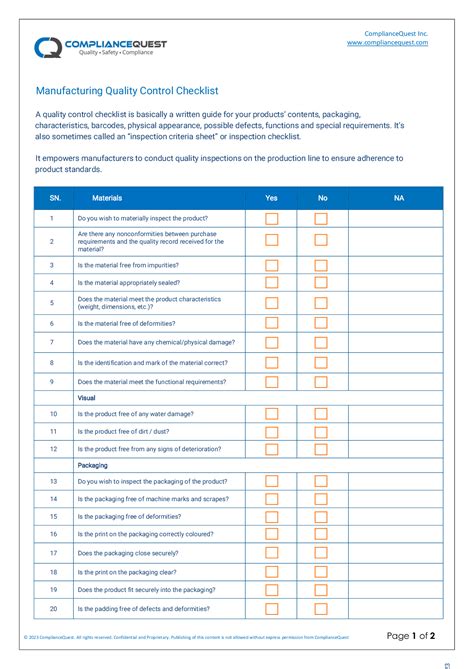 Manufacturing Quality Control Checklist