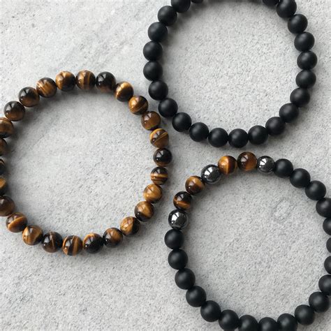 Pk Yellow Tiger Eye Matte Onyx And Hematite Beaded Bracelet