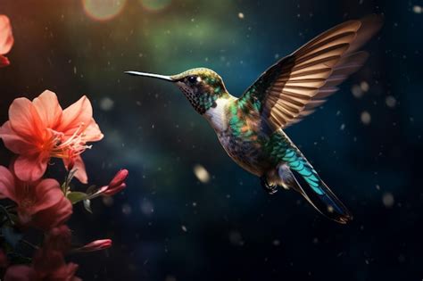 Premium AI Image Energetic Flying Hummingbird Flower Bird Nature