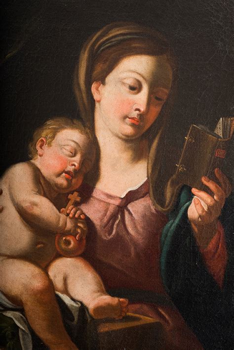 Dipinto Antico Olio Su Tela Raffigurante Madonna Col Bambino Dormiente