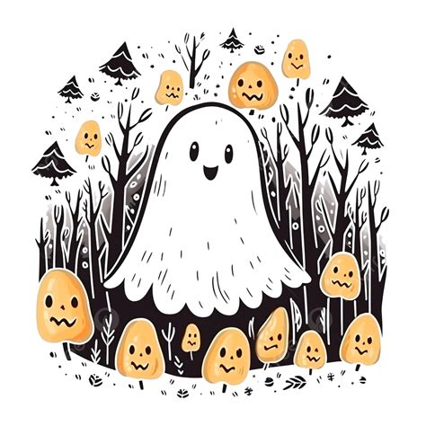 Funny Doodle Ghost In Autumn Forest Cheerful Halloween Forest Drawing