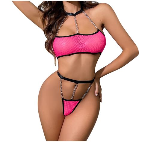 Women S 2 Piece Sexy Fishnet Chain Lingerie Set 2Pcs Sheer Underwire