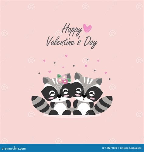 Happy Valentine`s Day Postcard Sweet Couple Raccoon Cartoon Vector