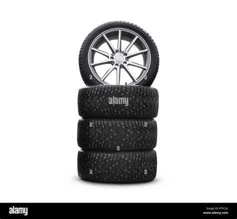 Four New Good Looking Snow Tires Isolated On The White Background A