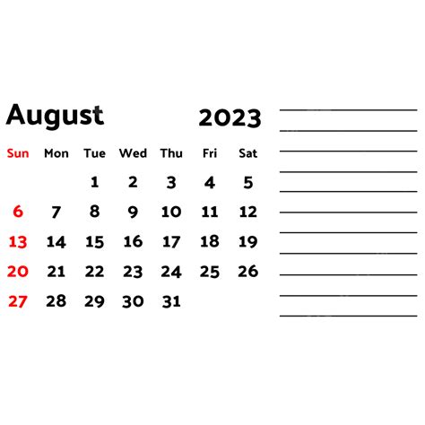 August Calendar Vector Png Images Calendar August With Note