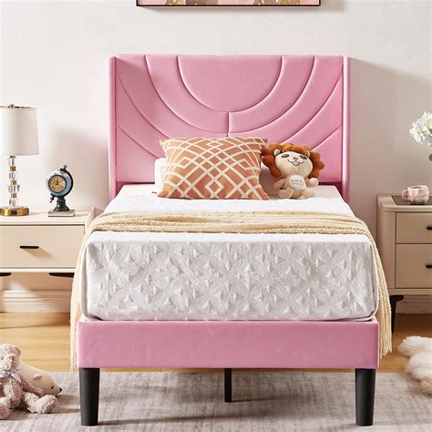 Coucheta Pink Twin Bed Frame Upholstered Twin Size Platform With Headboard Wooden