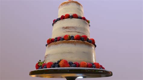 D Model Semi Naked Berry Wedding Cake On Mosser Stand VR AR Low