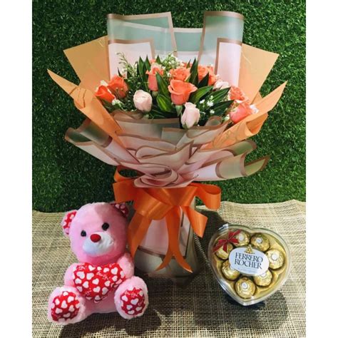 Send 24 Pink Orange Roses Bouquet Heart Shape Ferrero Rocher Teddy