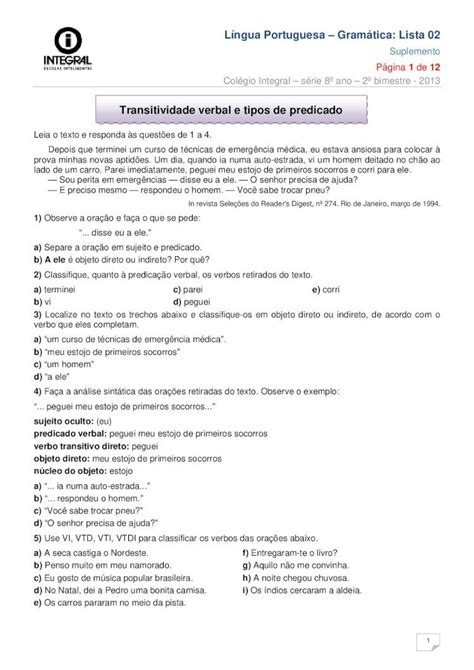 PDF Transitividade Verbal E Tipos De Predicado Lembrem Se De