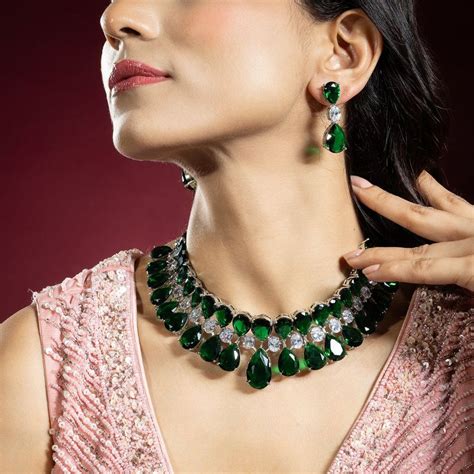 Buy Niscka Rhodium Plated Green And White American Diamond Chokar