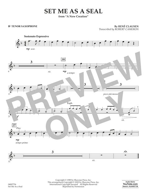 Set Me As A Seal Arr Robert C Cameron Bb Tenor Saxophone Sheet Music René Clausen