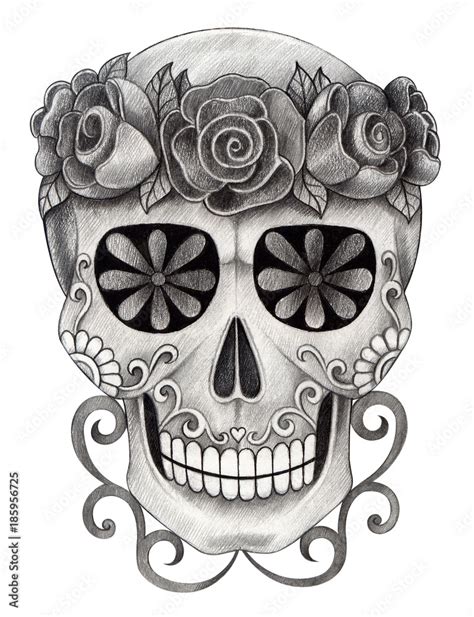 Art Sugar Skull Day of the dead. Hand pencil drawing on paper. Stock Illustration | Adobe Stock