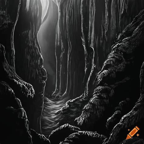 Black And White Sketch Of A Gloomy Ravine