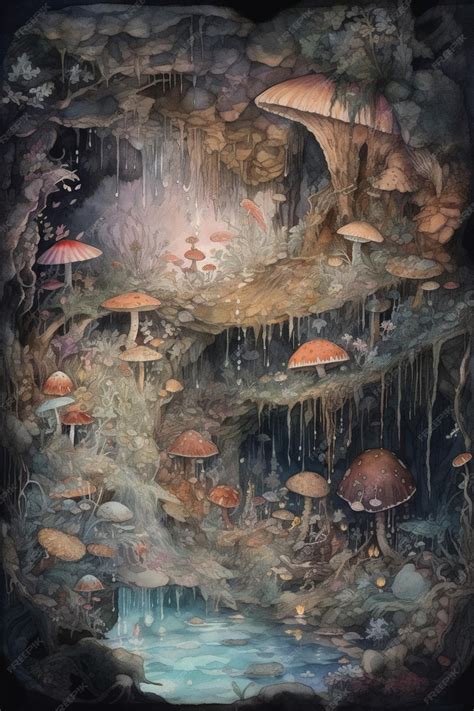 Premium AI Image | A painting of mushrooms in a cave