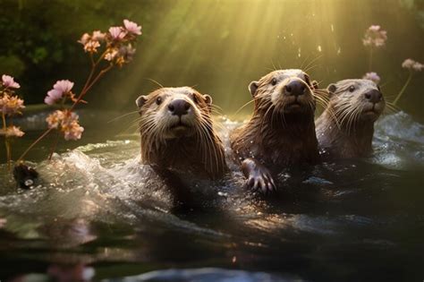 Premium AI Image | Group playful otters swimming in the river