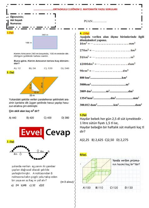 6 Sınıf Matematik 2 Dönem 2 Yazılı Soruları 2018 2019