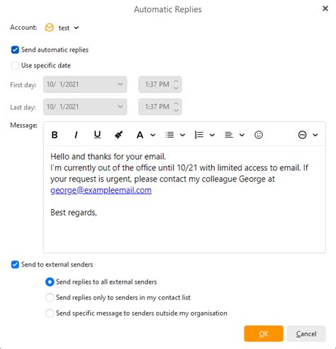 Automatic replies in Outlook | eM Client