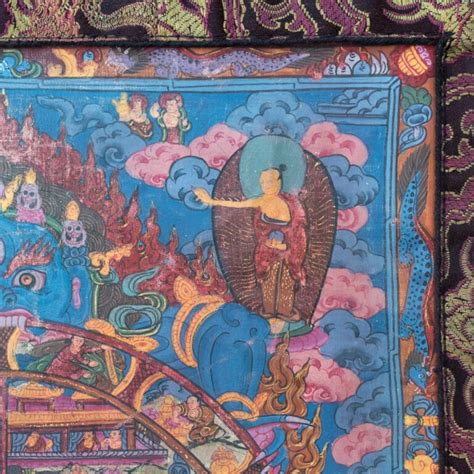 Tibetan Bhavacakra Thangka With Silk Brocade Mount Buddhist Wheel Of